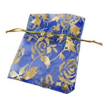 10 st.Handsydda Organza Blå med guld rosor påsar c.a 7x9 cm.
