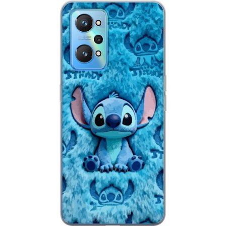 Kompatibelt Genomskinligt Skal till Realme GT Neo2 Stitch sitter på fluffigt blått mönster med sitt ansikte och öron upprepade som textur, vilket