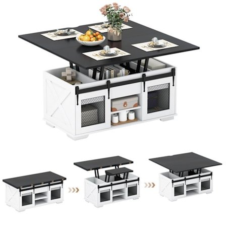 3 i 1 Sofabord med Hæveflade COSTWAY, 2 Døre, Åbne Hylder, Skjult Opbevaring, Konvertibelt Stuebord, Sort