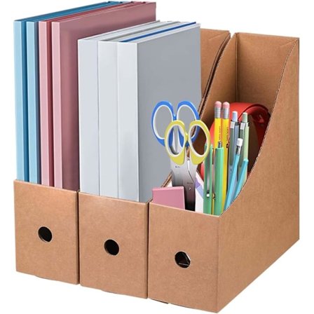 3 stk. magasinholder i pap, A4 magasinholder med etiketter, pap