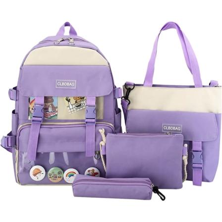 Kawaii reppu 4 kpl setti söpöillä pehmolelu riipuksilla ja merkillä, suurikapasiteettinen koululaukku söpö esteettinen reppu - violetti