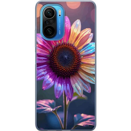 Kompatibelt Mobildeksel til Xiaomi Poco F3 Irideserende blomst med glitrende kronblad i rosa lilla og gull mot myk bokeh bakgrunn