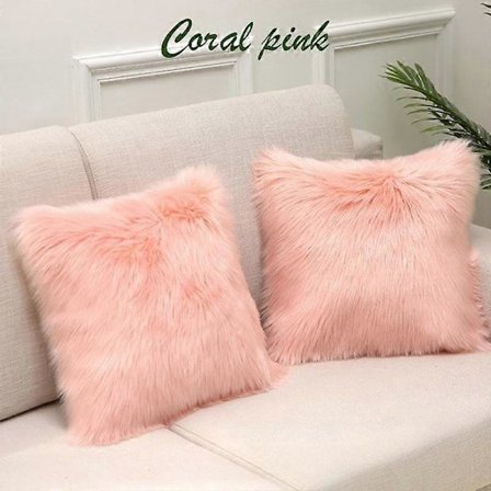 1 stk. blødt pudebetræk i imiteret pels, 45x45 cm, koral pink