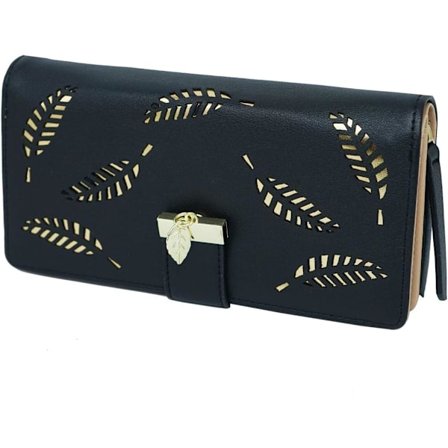 Dame lommebok utskåret bladmønster tosidig lang lommebok i skinn dame lommebok glidelås tote knapp clutch (svart)
