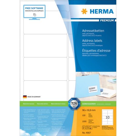 Herma Premium - Papir - matt - permanent selv-adhesiv - hvit - 96 x 50.8 mm 1000 etikett(er) (100 ark x 10) laminerte adresseetiketter