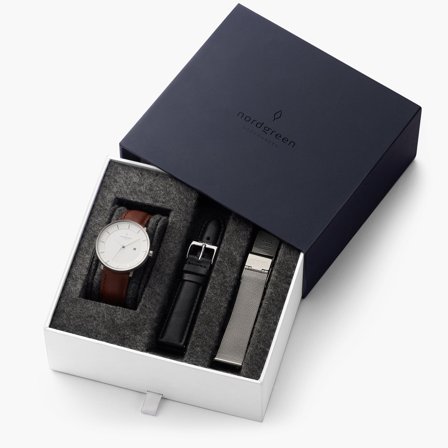 Nordgreen | Elegantes Damen Armbanduhren Set - Schwarzes Ziffernblatt - Silber | 36mm Armbänder Leder Braun / Schwarz / Mesh - Philosopher - 