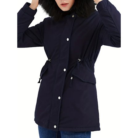 Varm hettejakke med fluffy kant, avslappet langermet vinterjakke med snøring, dameklær