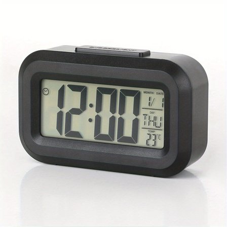 Stilfuldt kontorur med alarm, temperatur, kalender, timer og natlys