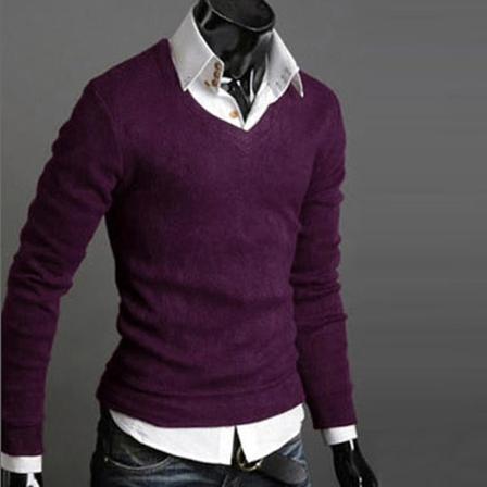 Stilfuld Mænds V-hals Strikket Sweater M Lilla