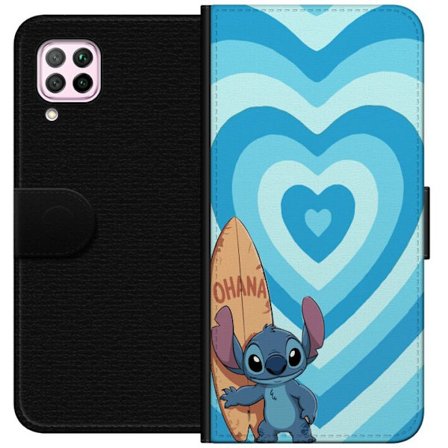 Kompatibel Tegnebogsetui til Huawei P40 lite Sjov tegneserieillustration af Stitch med surfbræt og blå hjerter