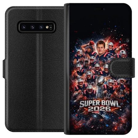 Kompatibel Tegnebogsetui til Samsung Galaxy S10 Super Bowl 2026 plakat med New England Patriots og NFL-pokal i eksplosiv sportsdesign