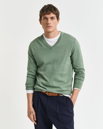 GANT Herren Klassischer V-Neck Pullover aus Baumwolle (S) Grün