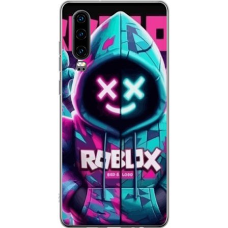 Yhteensopiva Puhelinkuori Huawei Huawei P30 Roblox neonhuppari hahmokuva, missä on naamioitu hahmo sinisessä ja vaaleanpunaisessa neonväreissä, jo