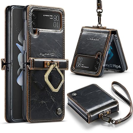 Läderfodral Kompatibelt med Samsung Galaxy Z Flip 4 Med Ring & handledsrem Stöttåligt Fallskydd