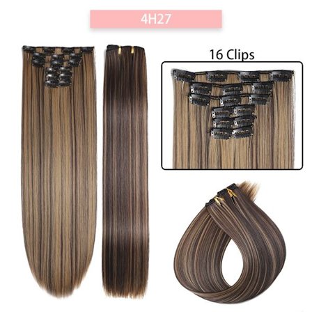 24 tum 16 clips i syntetiskt hårförlängning Lång rak frisyr Syntetbrun Svart hårstrån Värmebeständigt löshår