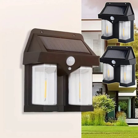 2 stk. solcelledrevet vegglampe utendørs, solcelledrevet vegglampe med glødetråd, solcellelamper for utendørs bruk med bevegelsessensor, vanntett 