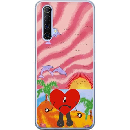 Kompatibel Mobilcover til Realme X50 5G Bad Bunny i en farverig quiltet jakke med hjertemønster og solbriller i moderne gade stil