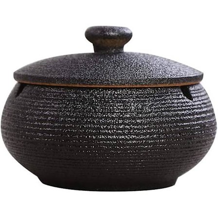 Käsintehty Keramiikkatuhka-astia Kannella, Toimiston Koristepöytätuhka-astia, Tuulenkestävä Tuhka-astia, Ulkotuhka-astia (musta)