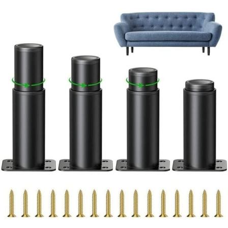 Sett med 4 justerbare møbelben i kraftig metall, runde benføtter i svart for bord, sofa, seng, skap - 8-12 cm