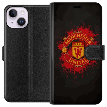 Kompatibelt Lommeboketui til Apple Apple iPhone 14 Manchester United logo i rød og gul farge med røff sportslig bakgrunn