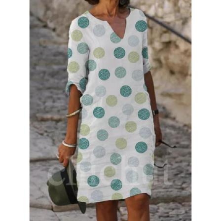 Kvinnor Sommar Retrotryck V-neve Kortärmad Comfy Casual Dr