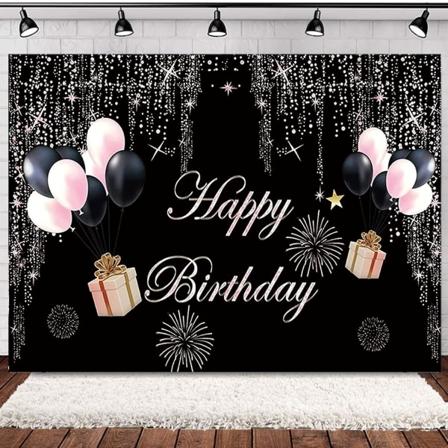 Gratulerer med dagen Bakgrunn Glitter Rosa Svart Ballong Bakgrunn for Nyfødt Baby Shower 1. Fødselsdag Tilbehør Glitter Bokeh Bakgrunn Banner 7x5ft