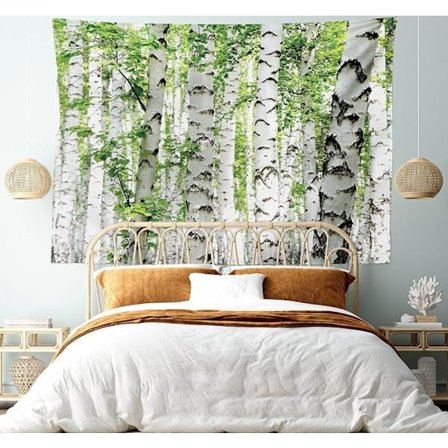 Metsägobelini seinävaate, koivut metsässä kesäaikaan villieläinten luontoaiheinen sisustus olohuoneen asuntolan sisustus, 60" X 40", valkoinen vihreä