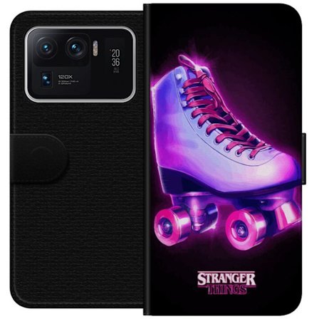 Yhteensopiva Lompakkokotelo Xiaomi Xiaomi Mi 11 Ultra Neonpunainen ja violetti retroglow-tyylinen rullaluistimet mustaa taustaa vasten, täydellinen v