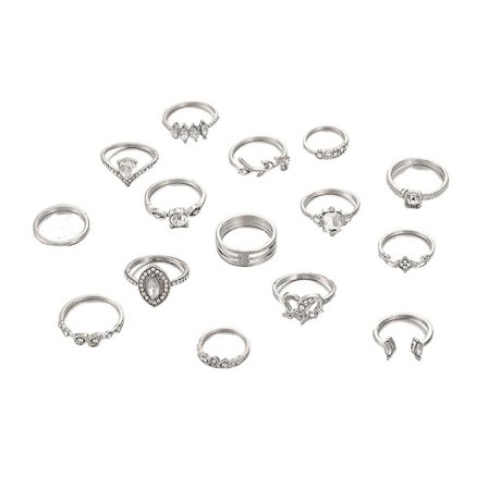 15-pack Boho Kvinnors Rhinestone Blad Hjärta Geometrisk Finger Ring Smycken Present
