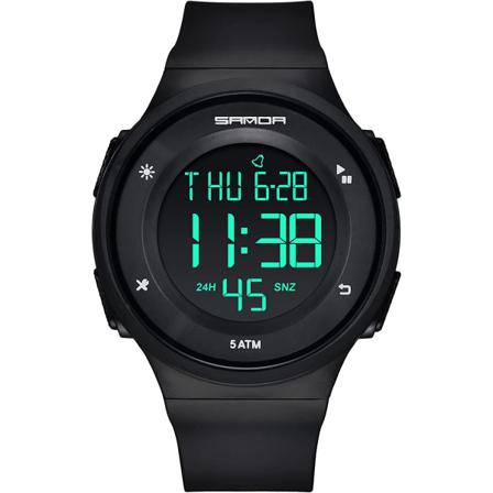 Herreklokke, Digital Sport Svart Klokke med Alarm/Kalender/LED-lys/Nedtelling/Stoppklokke