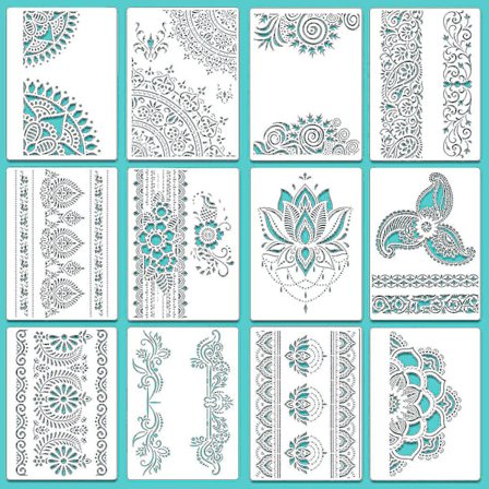 12 stycken stora Mandala-mallar, återanvändbara Mandala-målningmallar 8,3 x 11,7 tum, blommönstermall Mandala-ritning