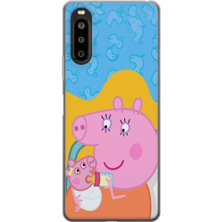 Yhteensopiva Puhelinkuori Sony Xperia 10 II Peppa Possu perhemotiivi äidin possu, isän possu ja ystävien kanssa, värikäs piirretty lasten kuva