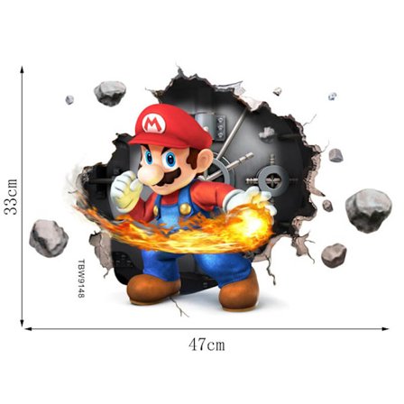 En 33 × 47cm 3D brudt væg Mario børneværelses vægdekorationsstickers, vægdekoration Super Mario er app