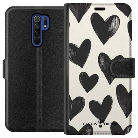 Kompatibel Tegnebogsetui til Xiaomi Xiaomi Redmi 9 Cactus and Friends - Bold Black Love Pattern