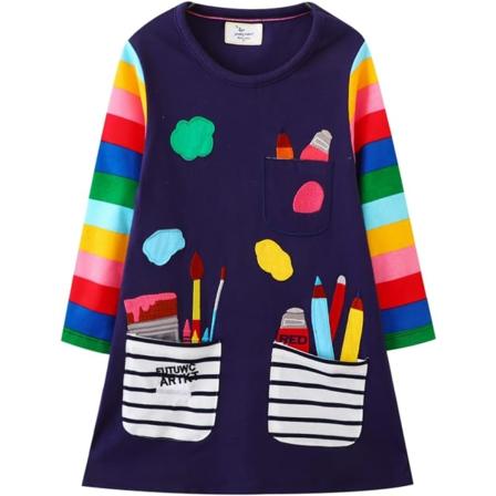 gshilian Flickor Bomull Långärmad Klänningar Söta Seriefigur Randig Festklänning Målare & Multi 3T