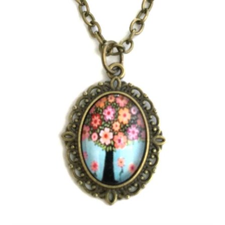 Halsband Livets Träd Tree Of Life Symbol - Rosa Blommor Brons