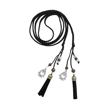 Exotiskt dam- och flickbälte magkedja med tofs och träpärlor 170 cm långt flätat midjebälte