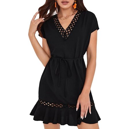 HAUFR Women's Summer Polka Dots V-neck volanger Cap ärm A Line Mini Dress