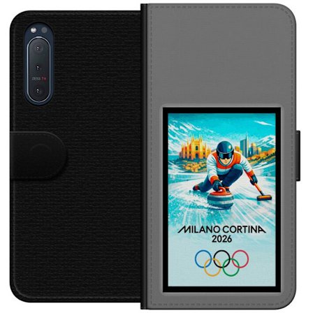 Kompatibel Tegnebogsetui til Sony Xperia 5 II Ishockeyillustration med spillere i bevægelse på isen, Milano Cortina 2026, Milano-landemærker og oly