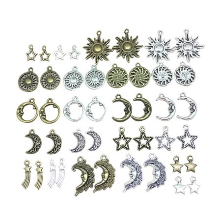 Cirka 80 stycken Celestial Collection-berlocker, blandade sol, måne, ZQKLA