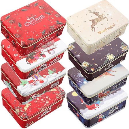 8 stk. julegavekort æsker i blik Julegaveæsker i metal Små gaveæsker med låg