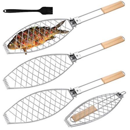 3 Fiskegrills: Rustfrit stål med træhåndtag, 62 x 12 cm grill, fisketang til grill, fiskeholder til grillkurv, sammenklappelig, grilltang