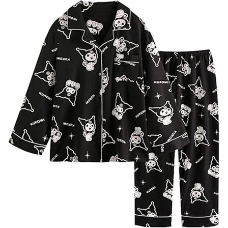 Naisten pitkähihainen pyjama, puuvillainen neuletakki, uusi tyyli, sarjakuva, söpö, naisten vaatteet, trendikäs Black Kuromi
