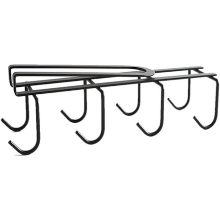 Kaapin alle kiinnitettävä kuppiripustin 8 koukun kahvikupin pidikkeellä, naulaton teline, keittiön ripustusvarastoteline (musta)