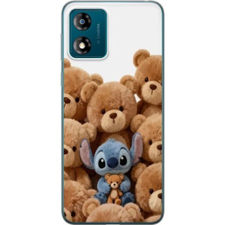 Kompatibel Mobilcover til Motorola Motorola Moto E13 Sød og sikker illustration med Stitch omgivet af bamser, der skaber en varm og legende følelse