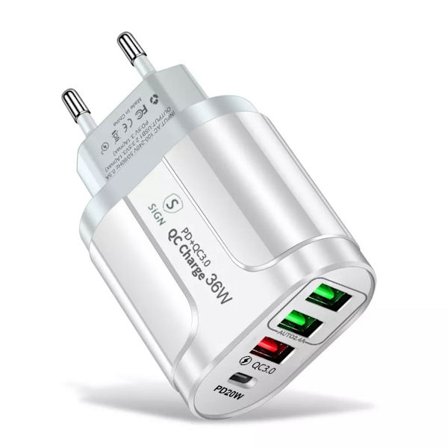 Quick Charger USB-C & 3xUSB-A, PD & Q.C 3.0, 36W - Hvid