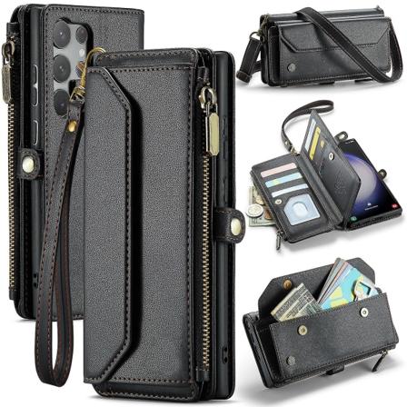 For Samsung Galaxy S24 Ultra Case Lommebok, Magnetisk lukking 360 Full Støtsikker Beskyttelse Drop Absorption Heavy Duty Lærveske black