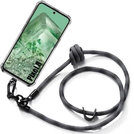 Crossbody-etui til Google Pixel 8 - Gennemsigtig stødsikker beskyttelse med grå skulderrem