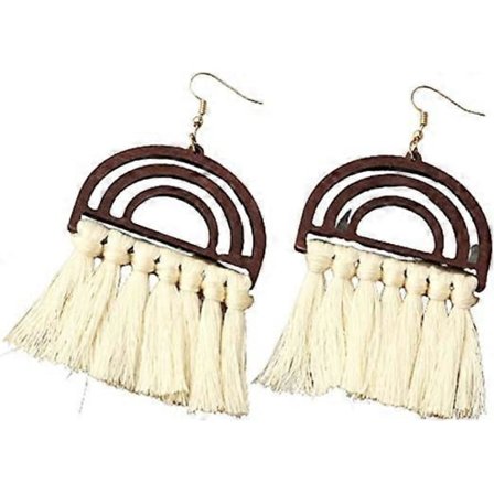 Färgglada regnbågsfärgade trähängen med tofsar Bohemiska handgjorda stickade örhängen Överdrivna vävda etniska tofshängande örhängen för kvinnor 