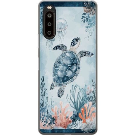 Yhteensopiva Puhelinkuori Sony Xperia 10 II Akvarellimaalaus merikilpikonna korallien ja meduusojen joukossa rauhallisessa sinisessä vedenalaisessa m